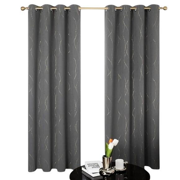 2 Panels Blackout Curtains Dark Gray Gold Accents Grommet Hanging 52” x 84” READ - Picture 1 of 13